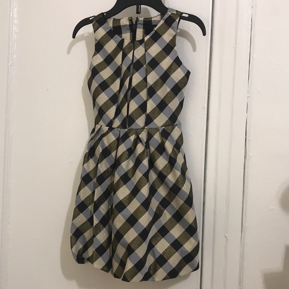 Toddler Formal Gold Shimmer Pleated Plaid Dress - Mint Condition - Picture 3 of 4